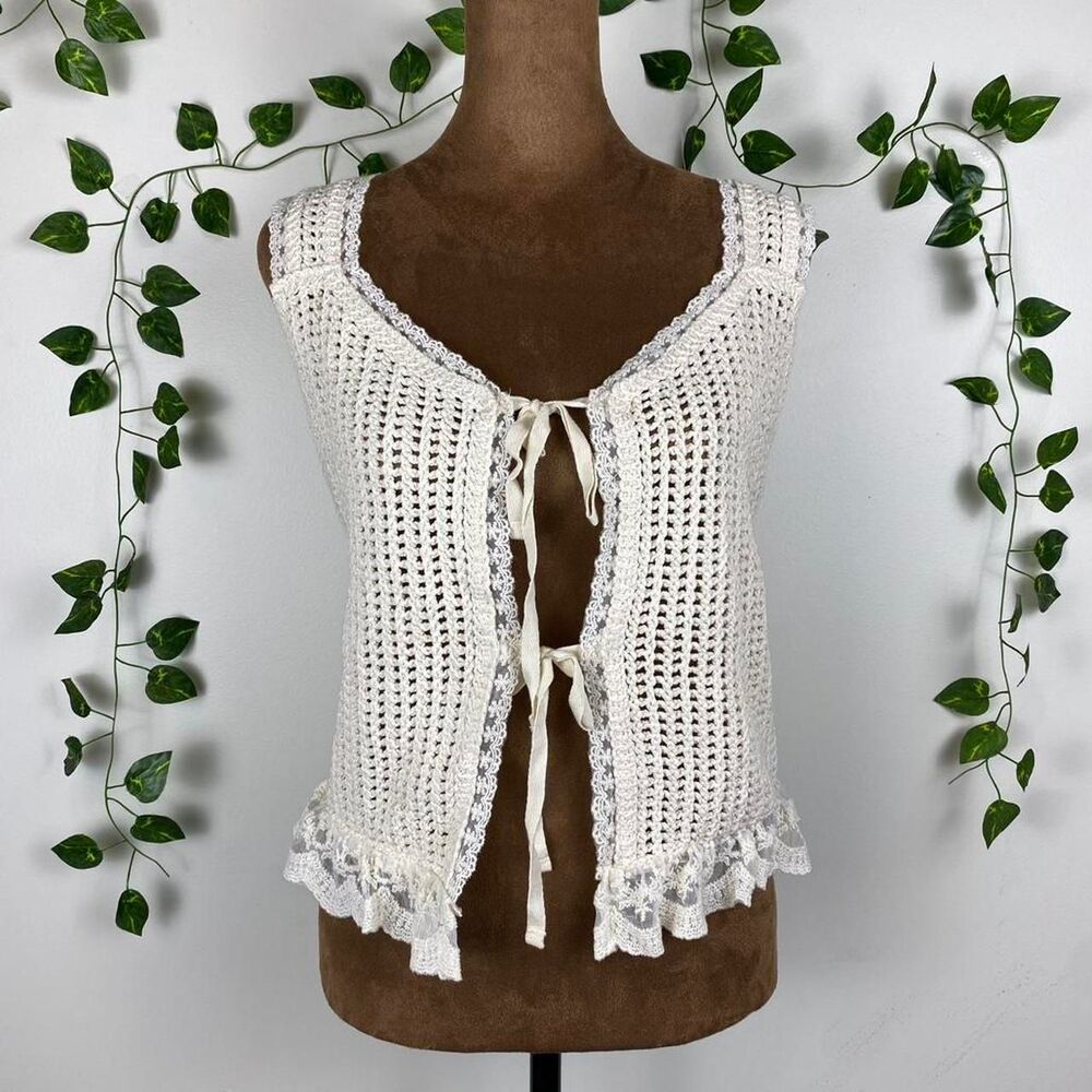 Good Luck Gem crochet vest tie front lace trim sleeveless blouse ruffle hem